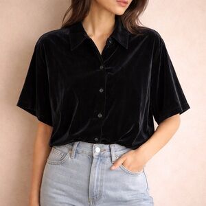 Vintage Silk Velvet Short Sleeve Button Down Top Dark Navy Blue Luxury Large